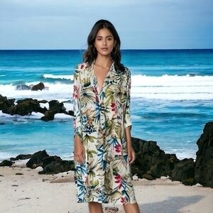 ZANZEA Floral Print Kimono Duster S/M Long Sleeve Cover-Up 45" Hawaiian NWT